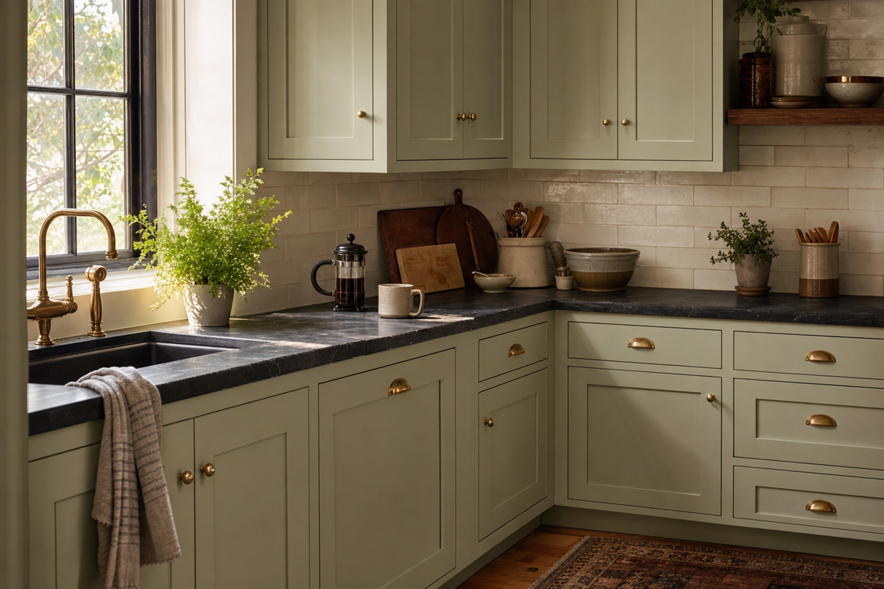 Cascade Green by Sherwin-Williams on cabinets