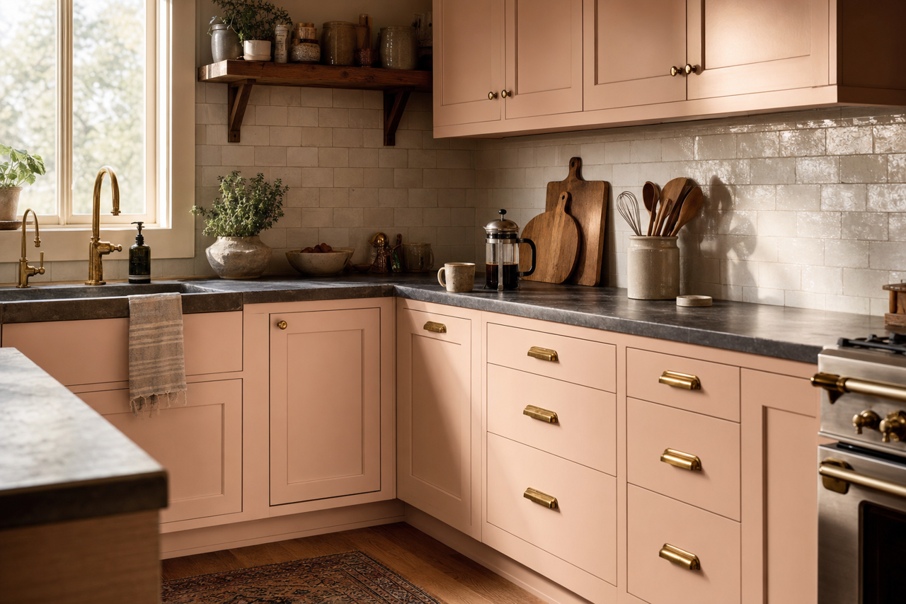 Pink Shadow by Sherwin-Williams on cabinets