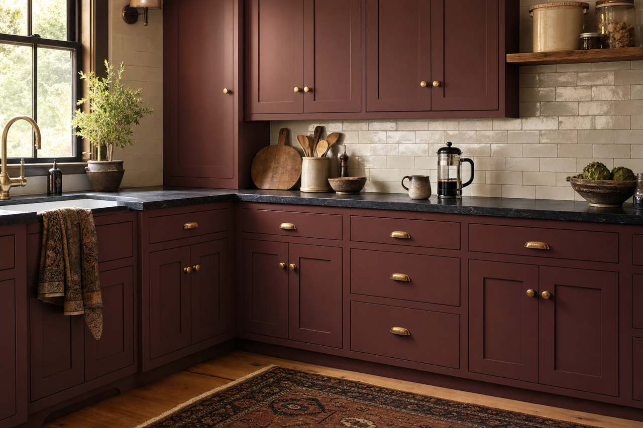 Deep Maroon by Sherwin-Williams on cabinets