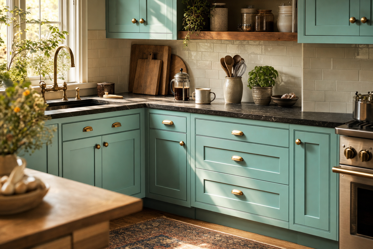 Holiday Turquoise by Sherwin-Williams on cabinets