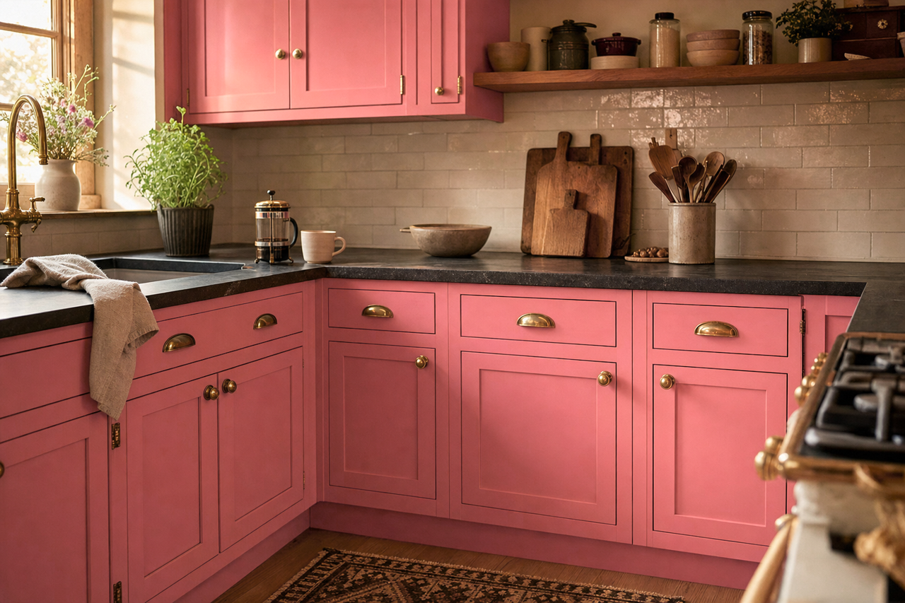 Pink Flamingo by Sherwin-Williams on cabinets