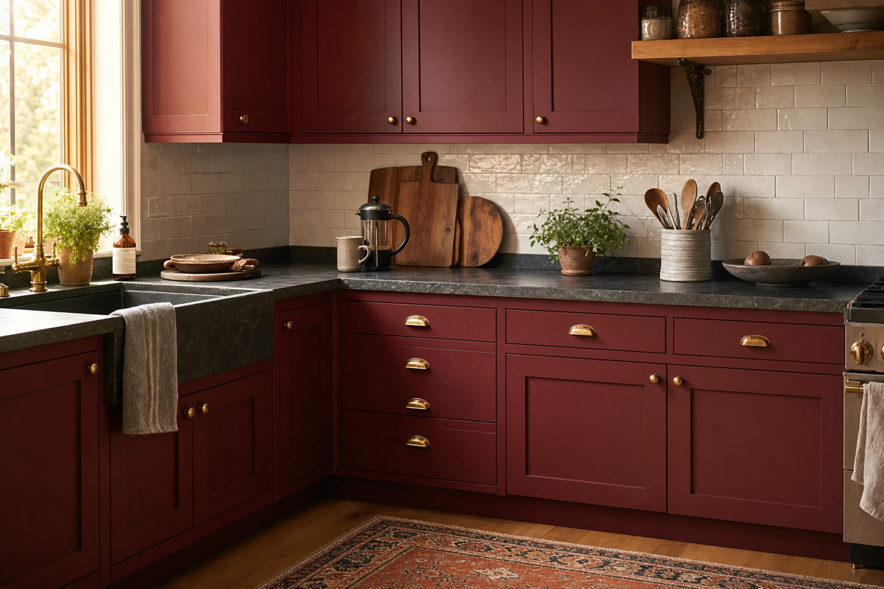 Rookwood Red by Sherwin-Williams on cabinets