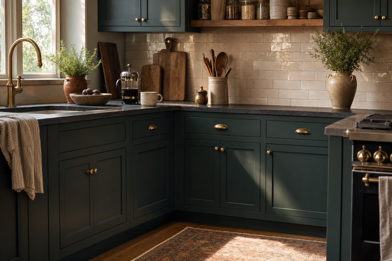 Rookwood Shutter Green by Sherwin-Williams on cabinets
