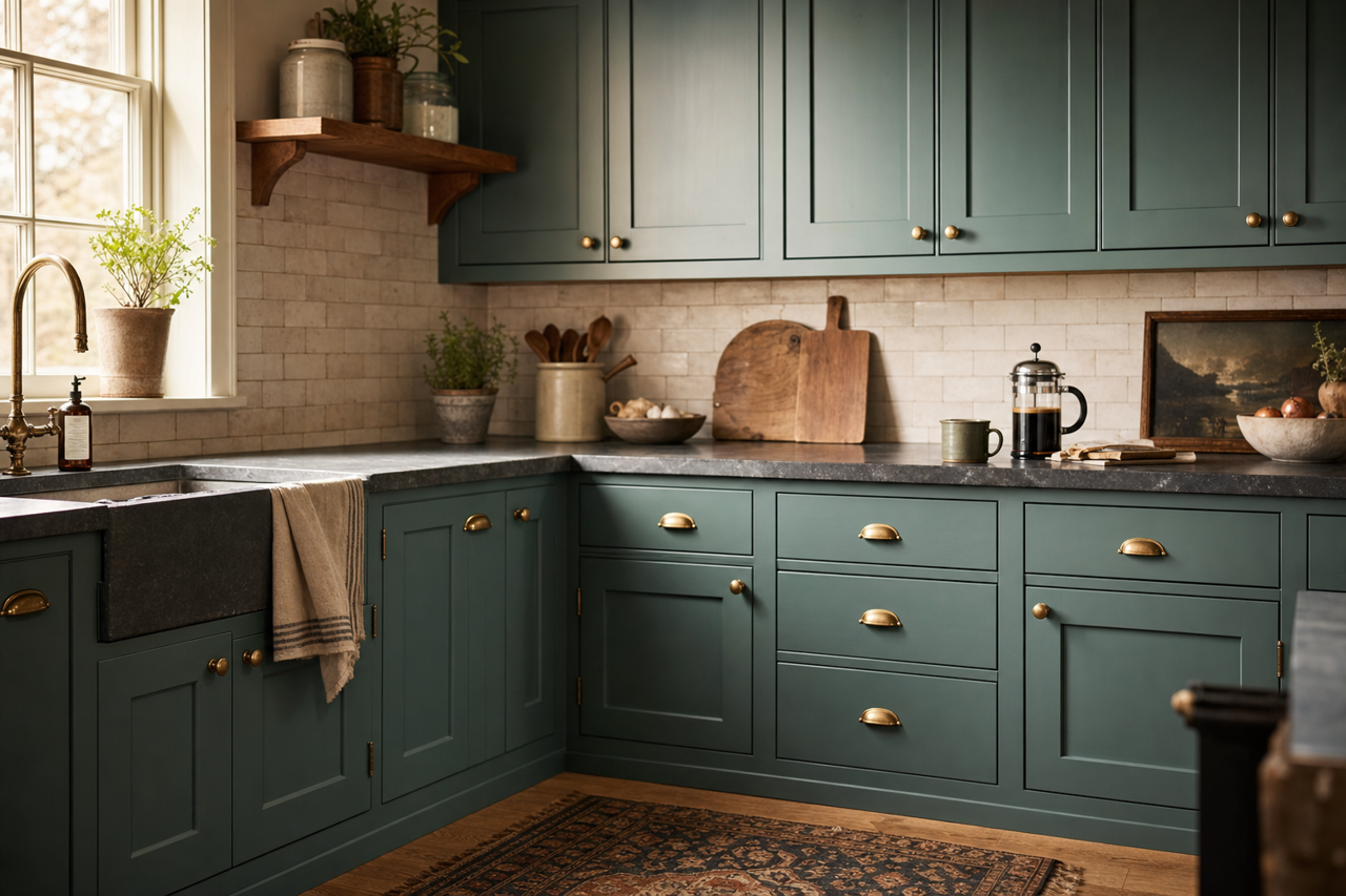Rookwood Sash Green by Sherwin-Williams on cabinets