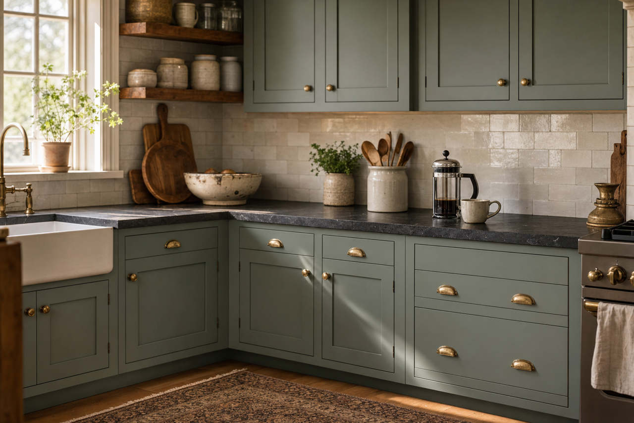 Rookwood Blue Green by Sherwin-Williams on cabinets