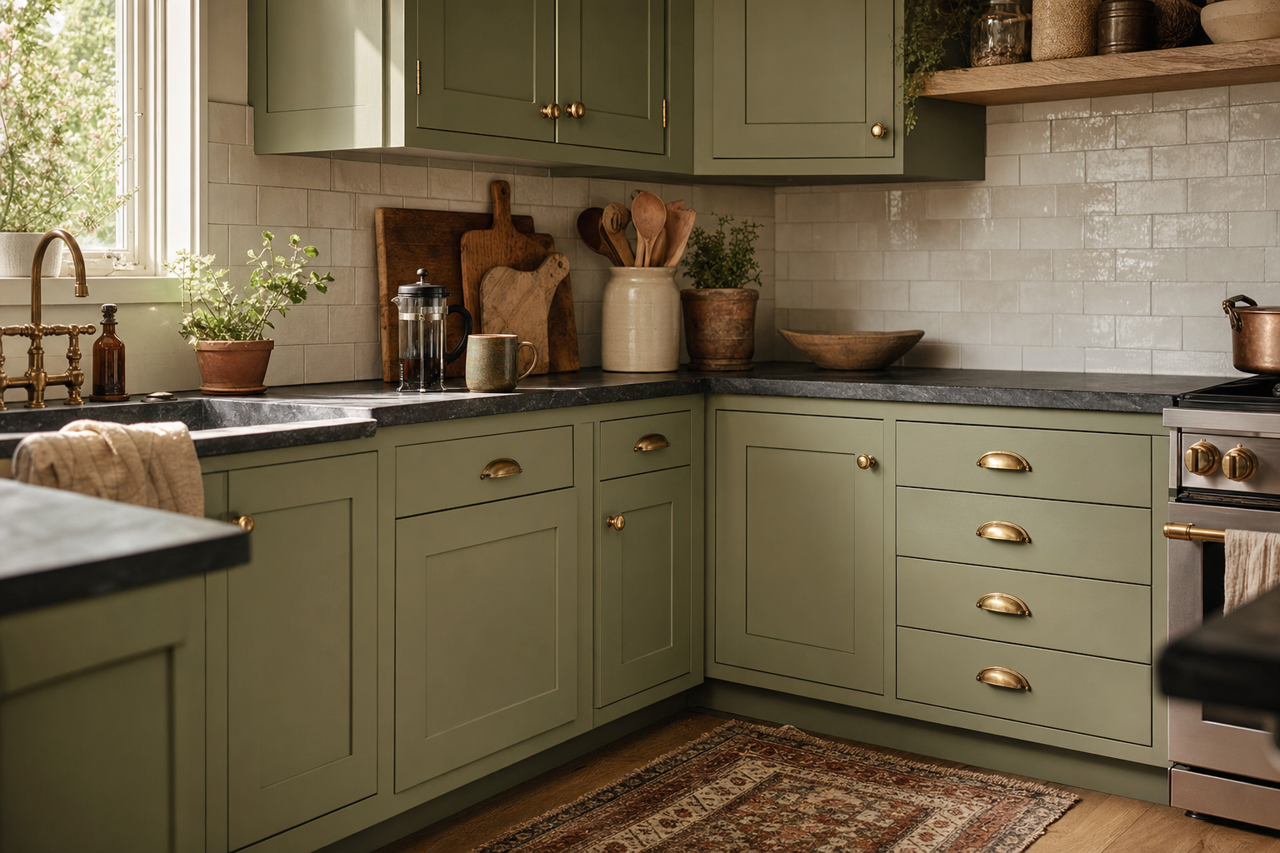 Rookwood Jade by Sherwin-Williams on cabinets