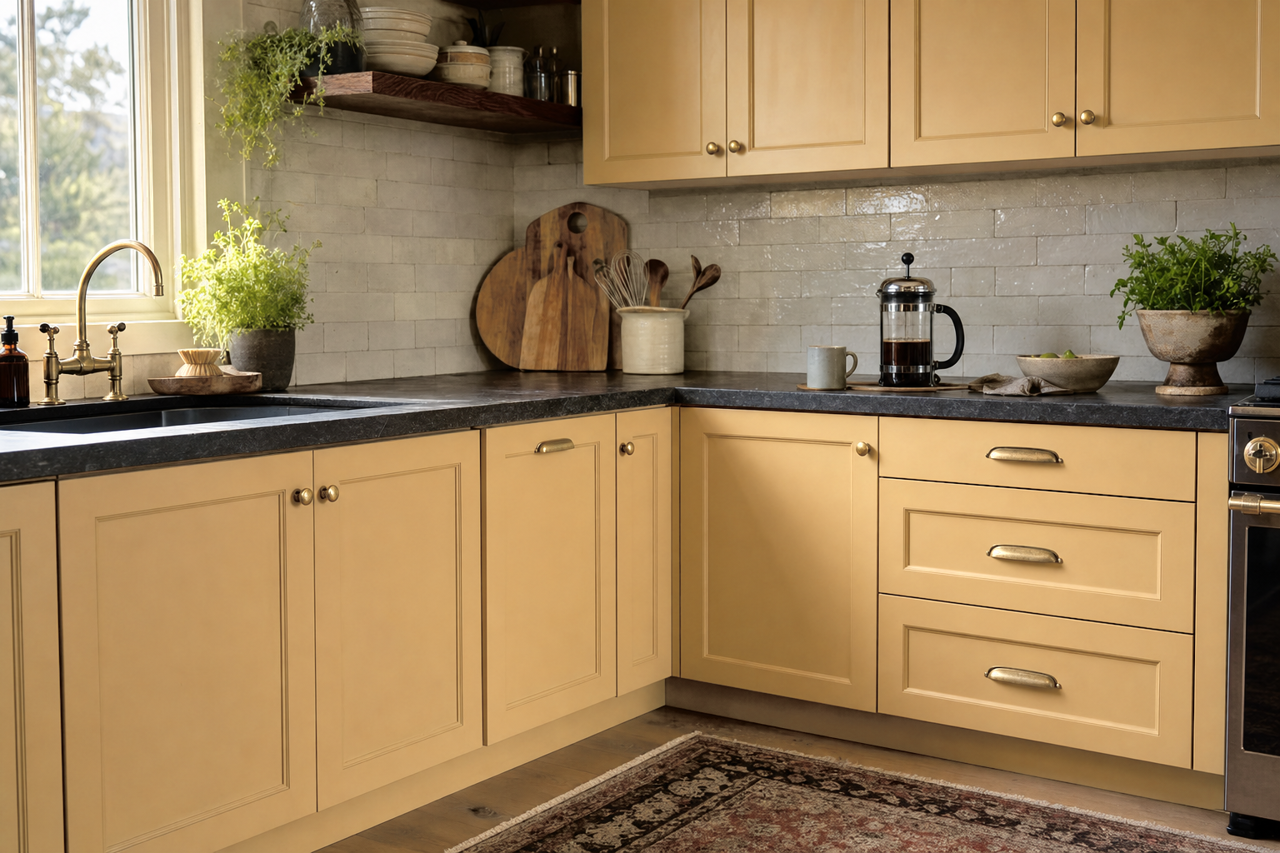 Downing Straw by Sherwin-Williams on cabinets