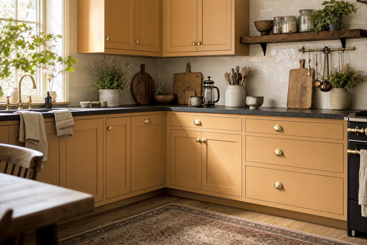 Rookwood Antique Gold by Sherwin-Williams on cabinets
