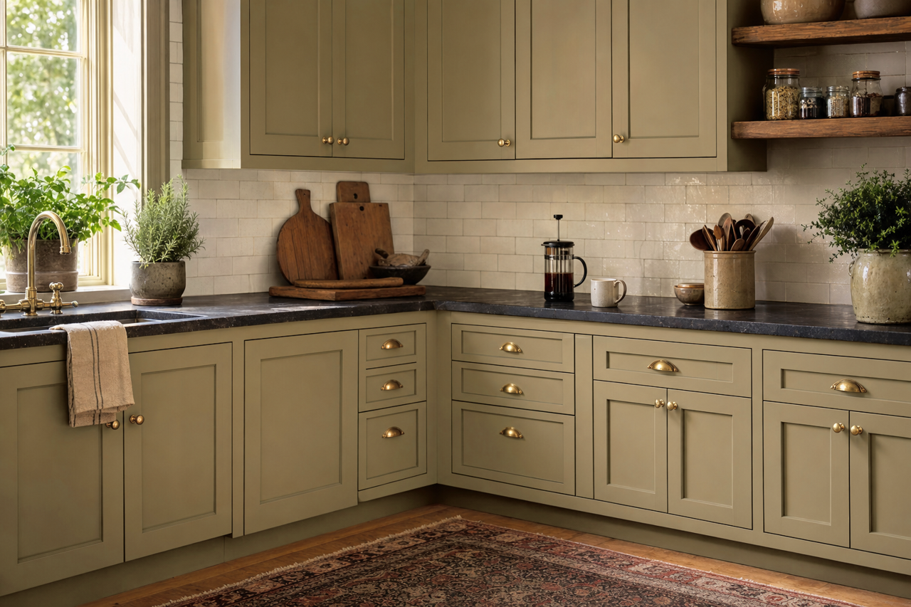 Renwick Olive by Sherwin-Williams on cabinets