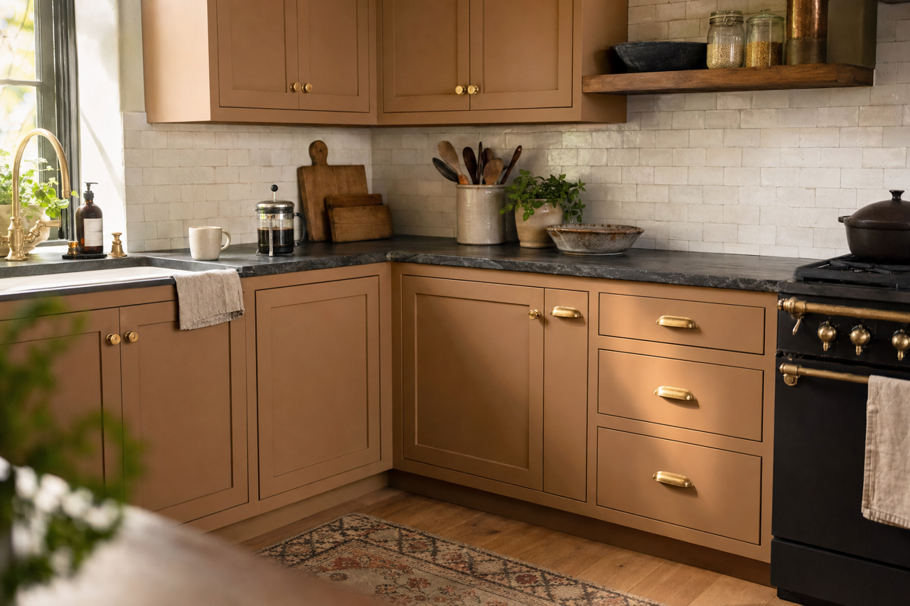 Downing Earth by Sherwin-Williams on cabinets