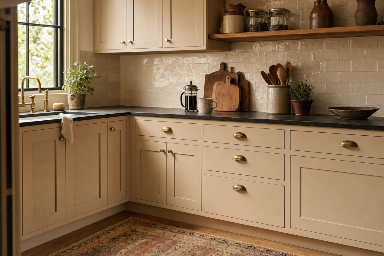 Downing Sand by Sherwin-Williams on cabinets