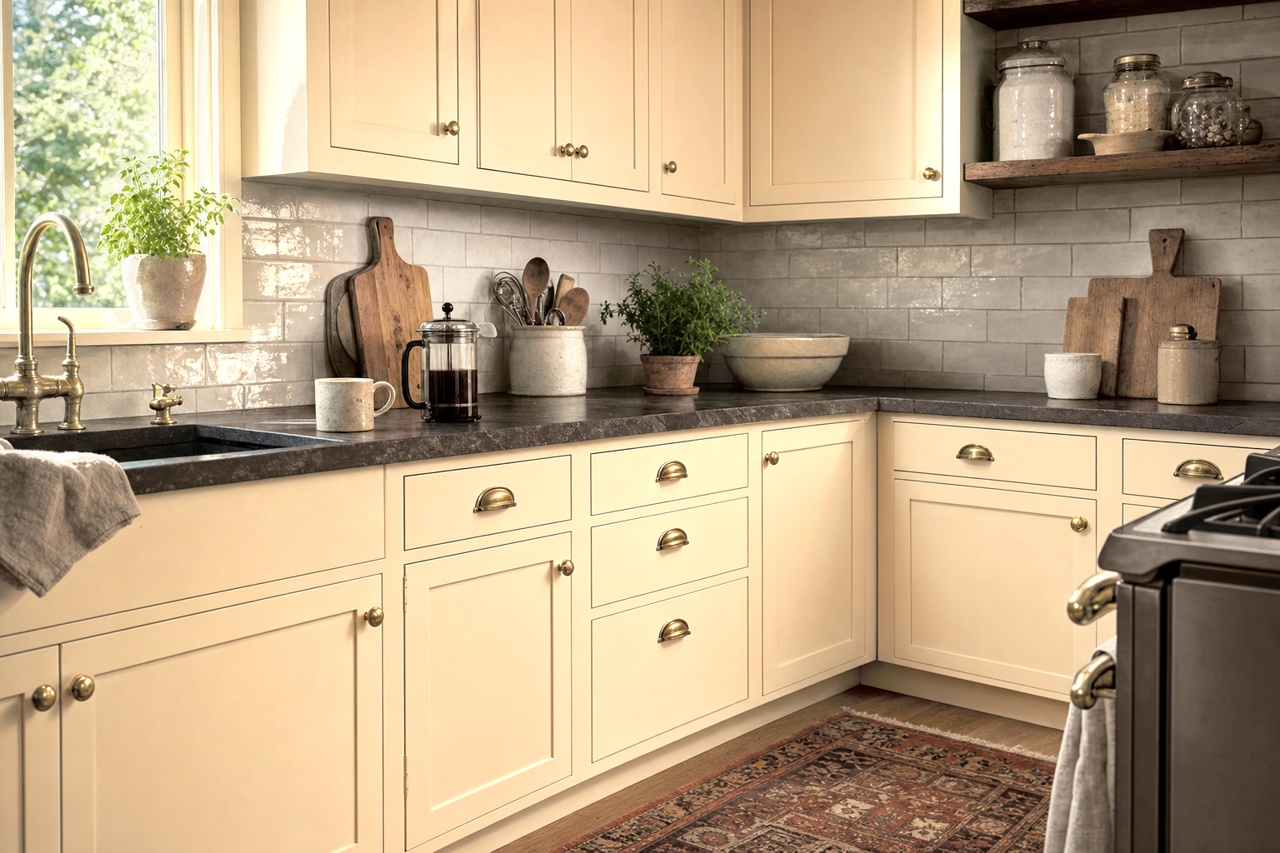 Roycroft Vellum by Sherwin-Williams on cabinets