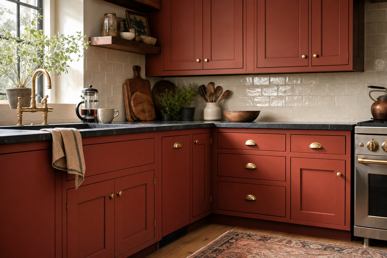 Roycroft Copper Red by Sherwin-Williams on cabinets