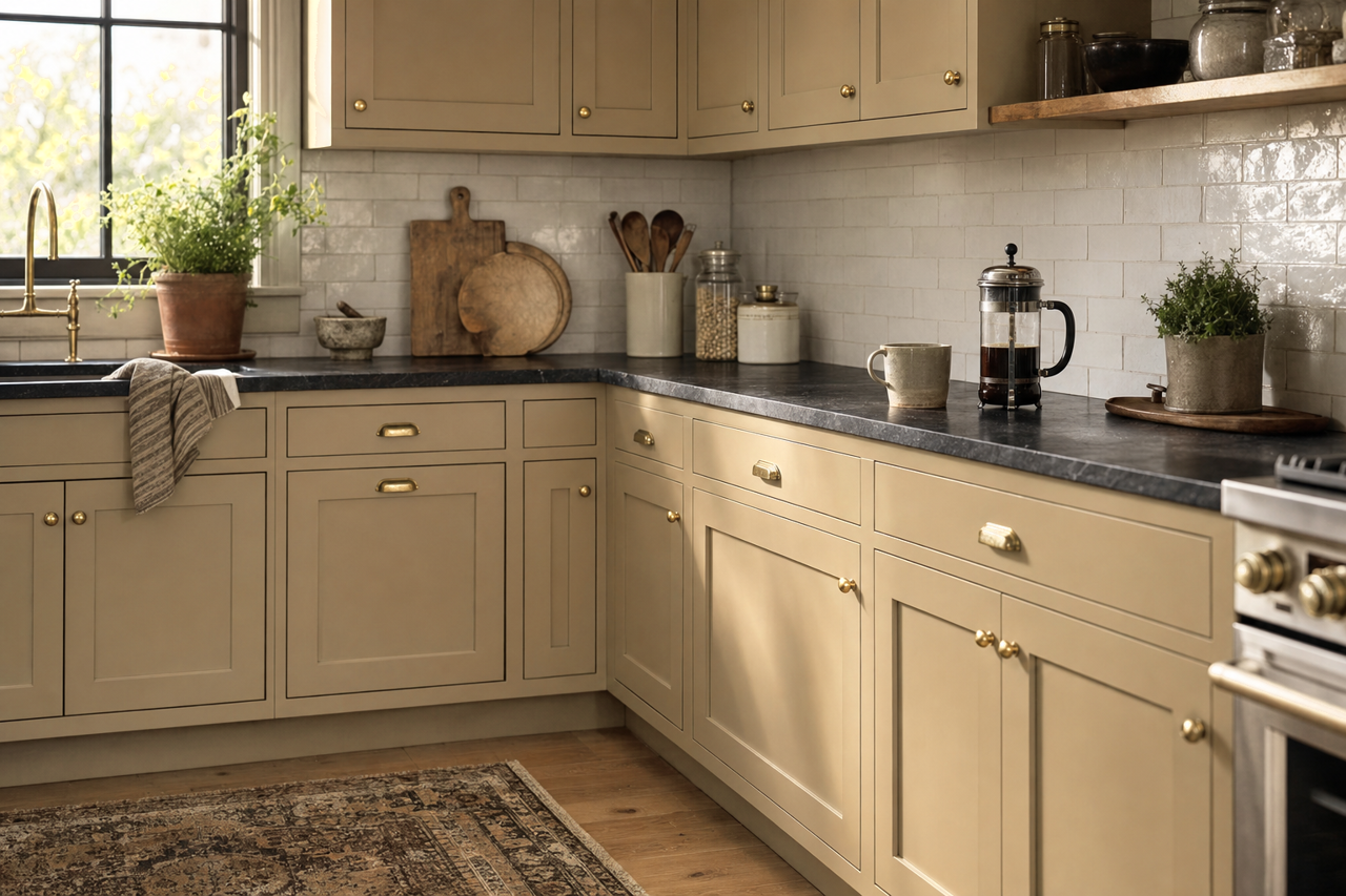 Roycroft Suede by Sherwin-Williams on cabinets