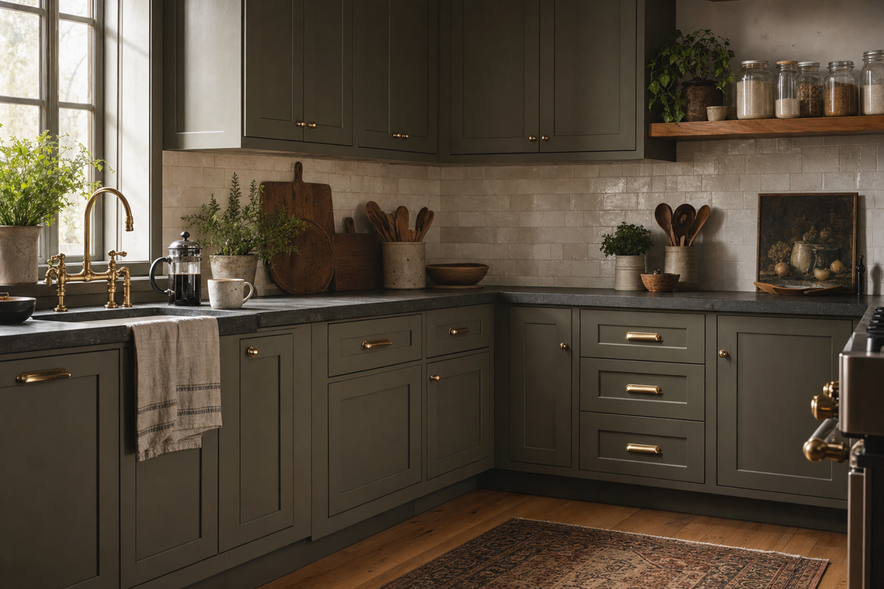 Roycroft Bronze Green by Sherwin-Williams on cabinets