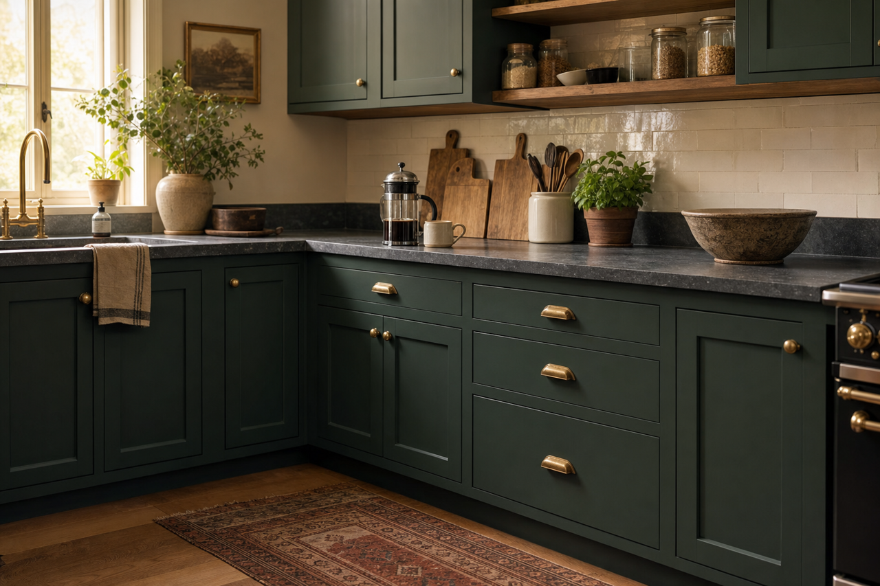 Roycroft Bottle Green by Sherwin-Williams on cabinets