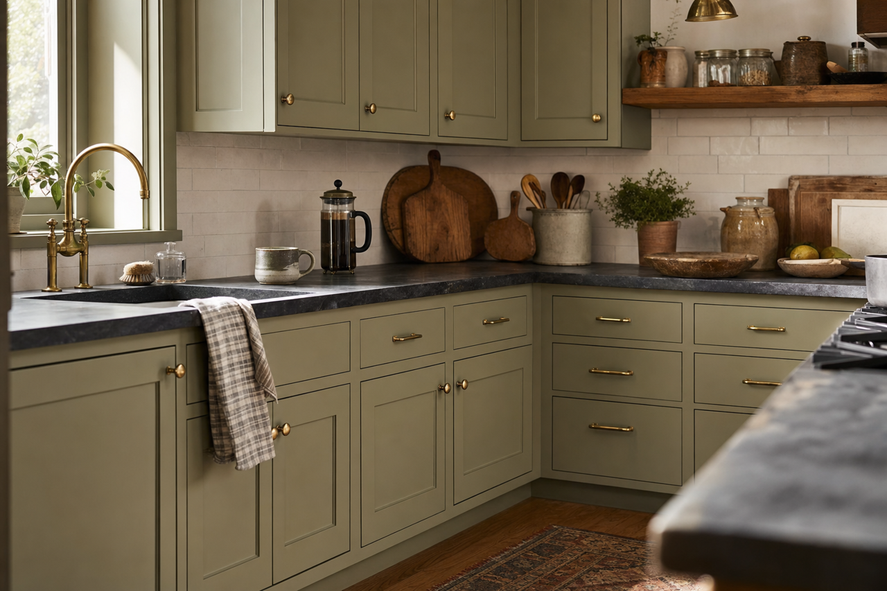 Sage Green Light by Sherwin-Williams on cabinets