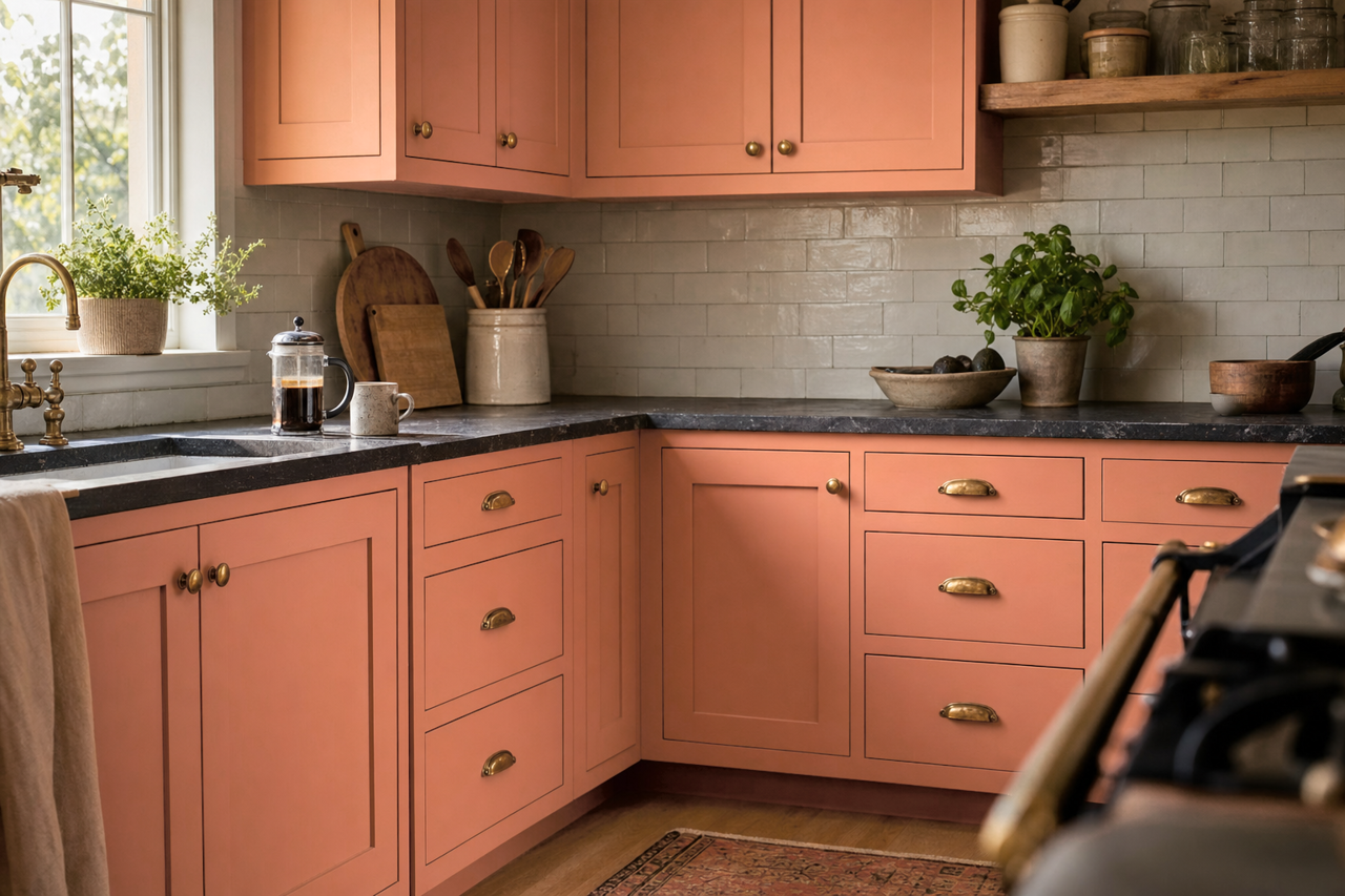Caribbean Coral by Sherwin-Williams on cabinets