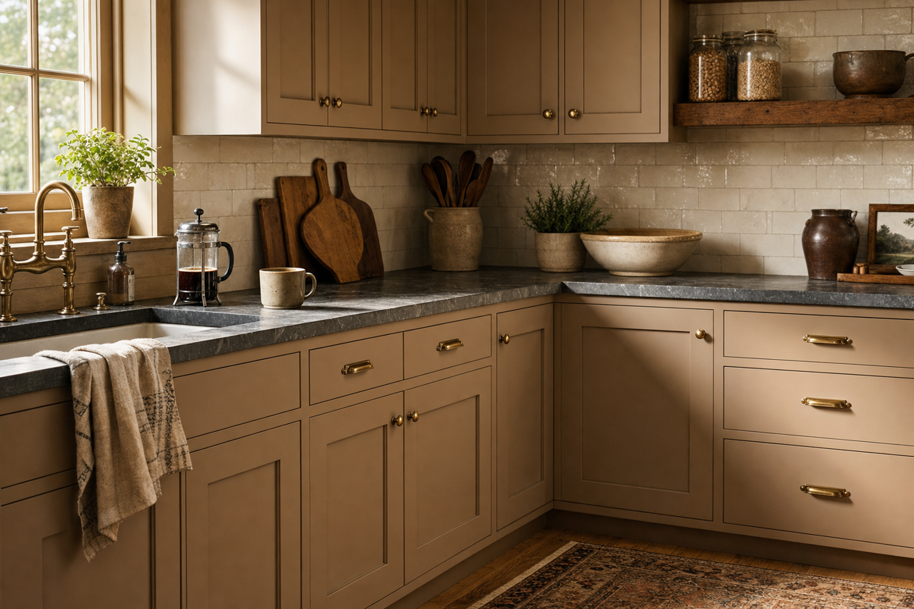 Sycamore Tan by Sherwin-Williams on cabinets