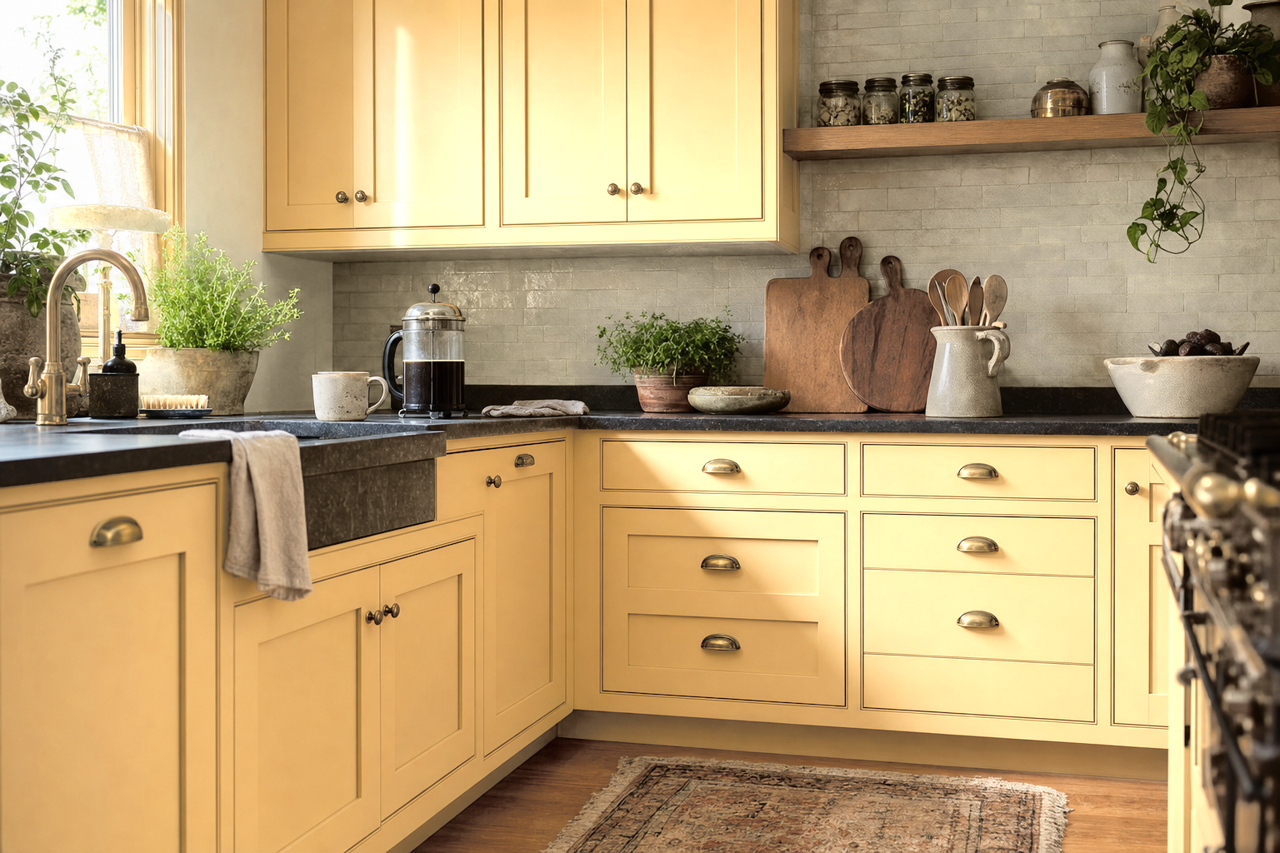 Peace Yellow by Sherwin-Williams on cabinets