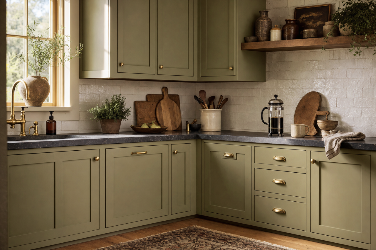 Avocado by Sherwin-Williams on cabinets