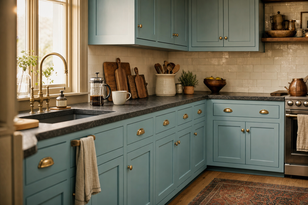 Powder Blue by Sherwin-Williams on cabinets