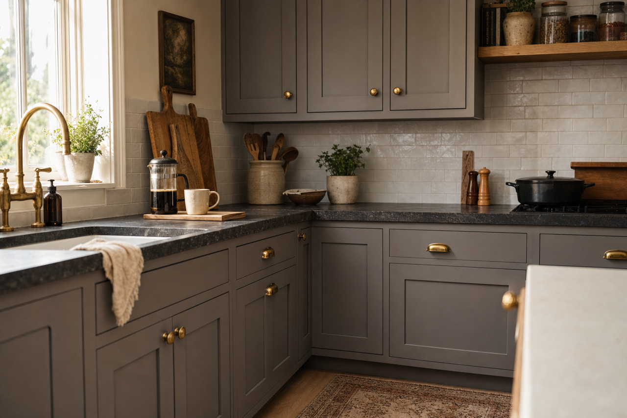 Folkstone by Sherwin-Williams on cabinets