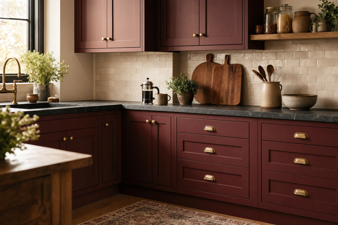 Arresting Auburn by Sherwin-Williams on cabinets