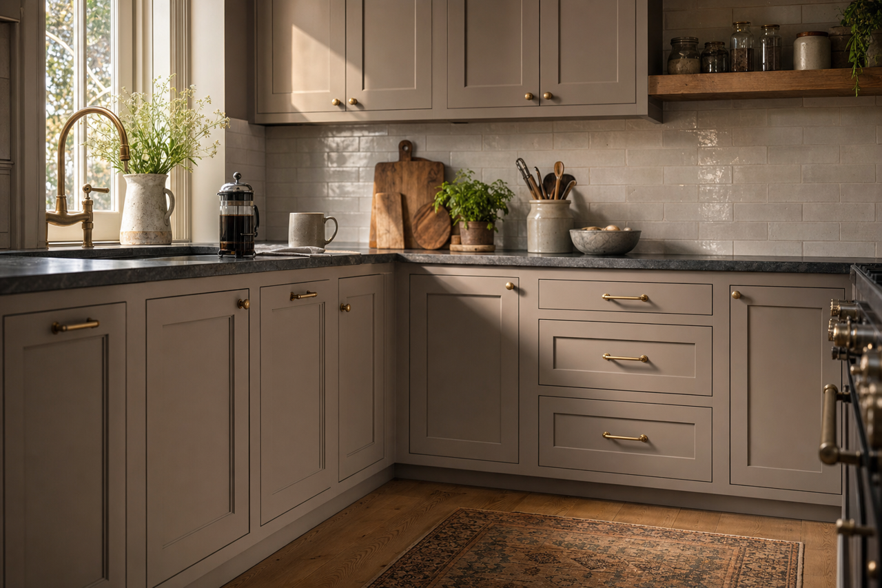 Poised Taupe by Sherwin-Williams on cabinets