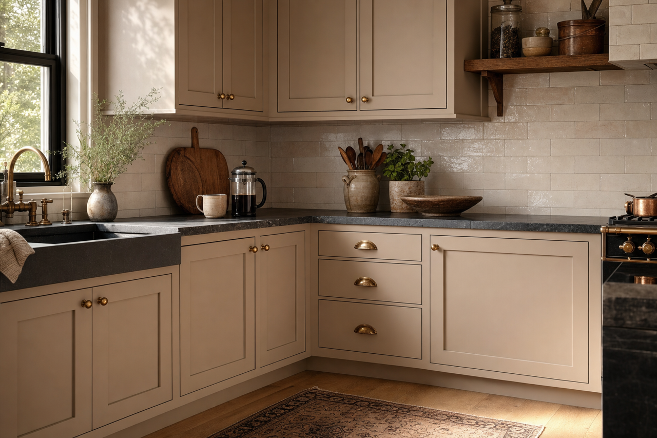 Perfect Greige by Sherwin-Williams on cabinets