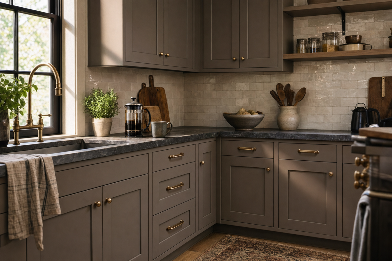 Garret Gray by Sherwin-Williams on cabinets