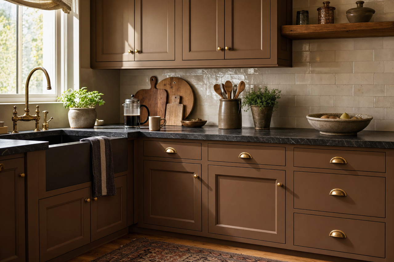 Cobble Brown by Sherwin-Williams on cabinets