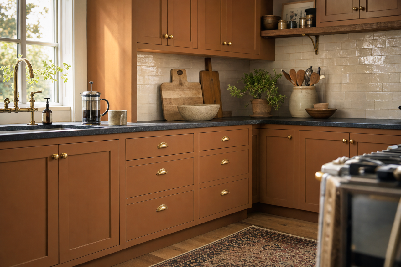 Leather Bound by Sherwin-Williams on cabinets