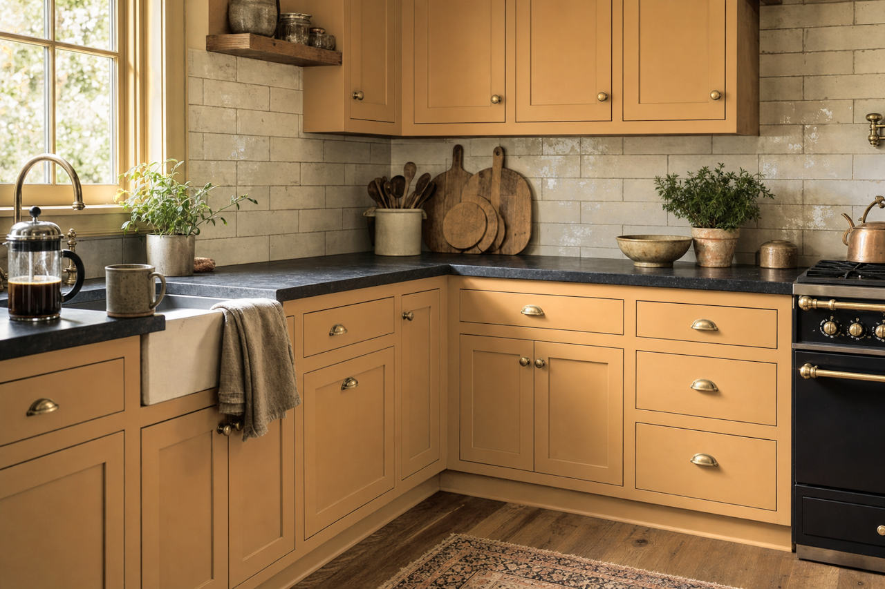 Mannered Gold by Sherwin-Williams on cabinets