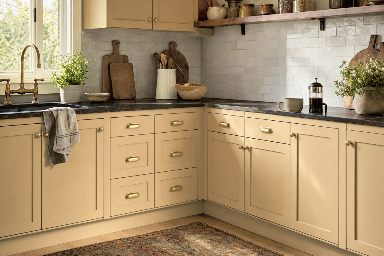Harmonic Tan by Sherwin-Williams on cabinets