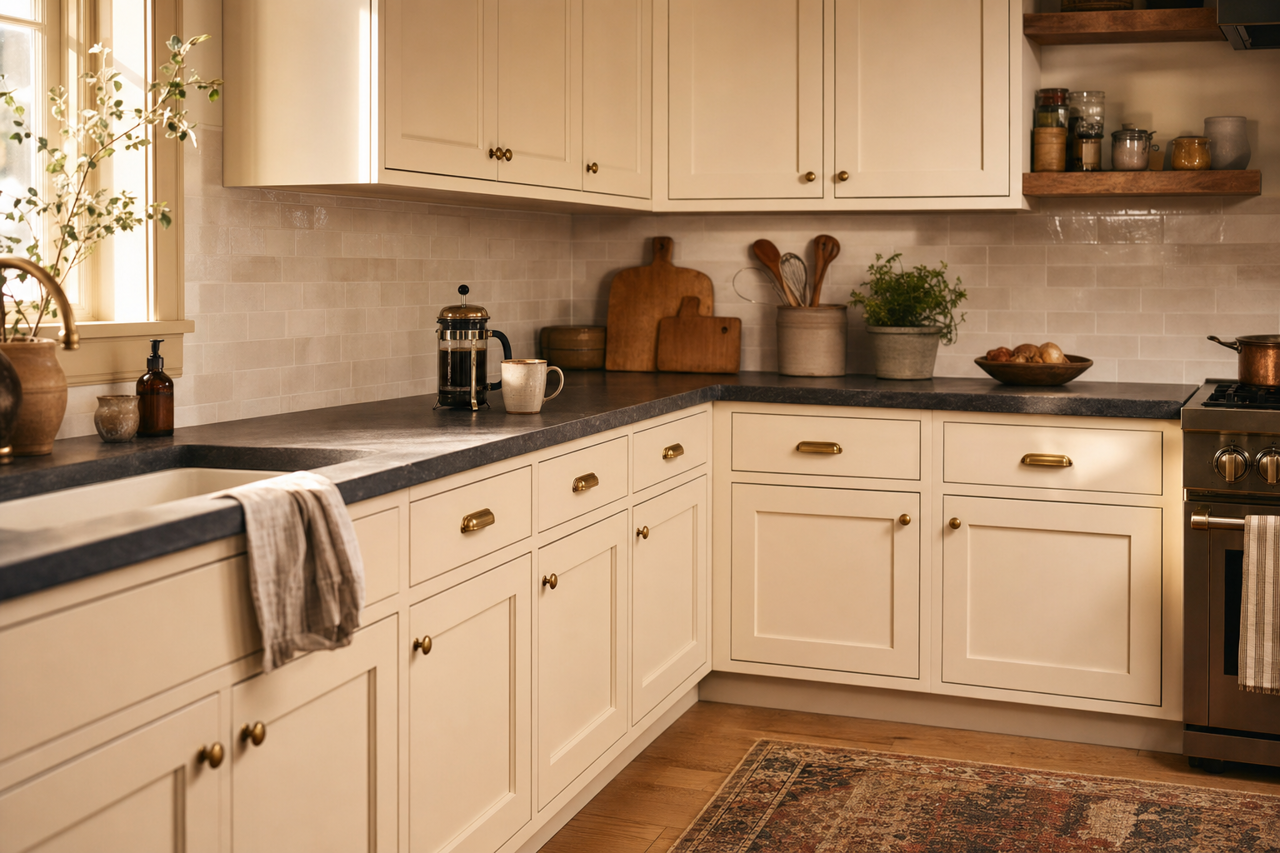 Moderate White by Sherwin-Williams on cabinets