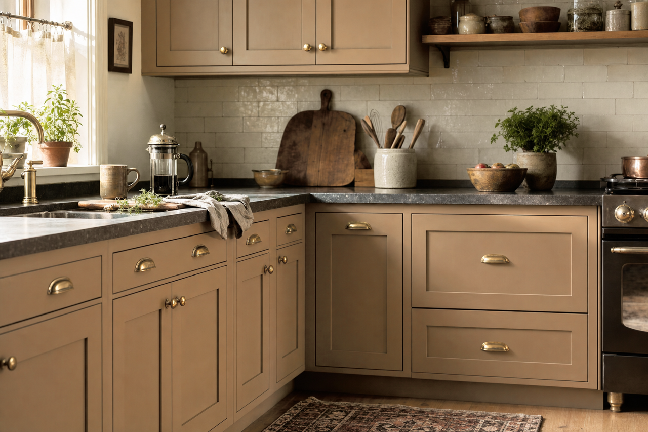 Dapper Tan by Sherwin-Williams on cabinets