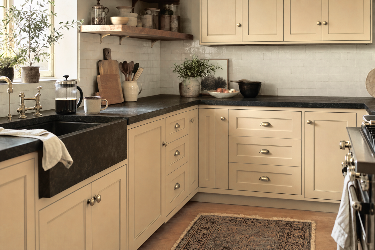 Ramie by Sherwin-Williams on cabinets