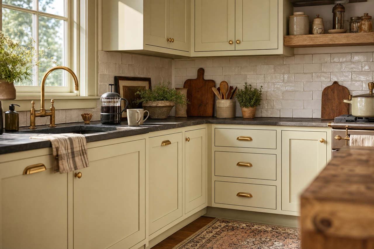 Liveable Green by Sherwin-Williams on cabinets