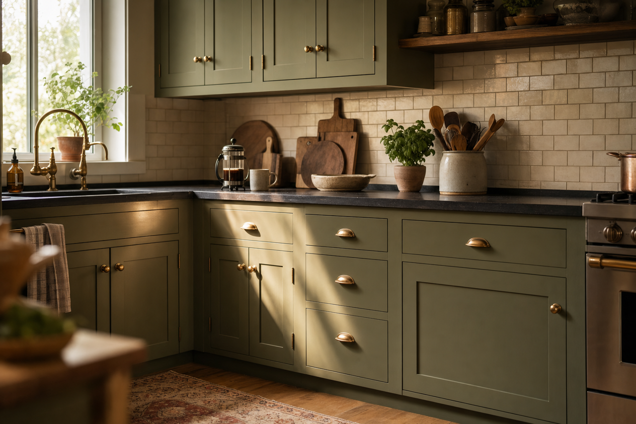Oakmoss by Sherwin-Williams on cabinets