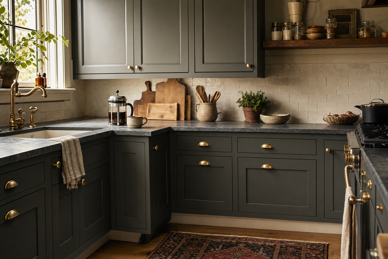 Shade‐Grown by Sherwin-Williams on cabinets