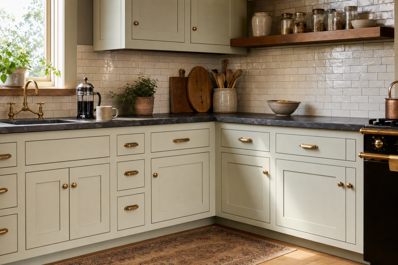 Filmy Green by Sherwin-Williams on cabinets