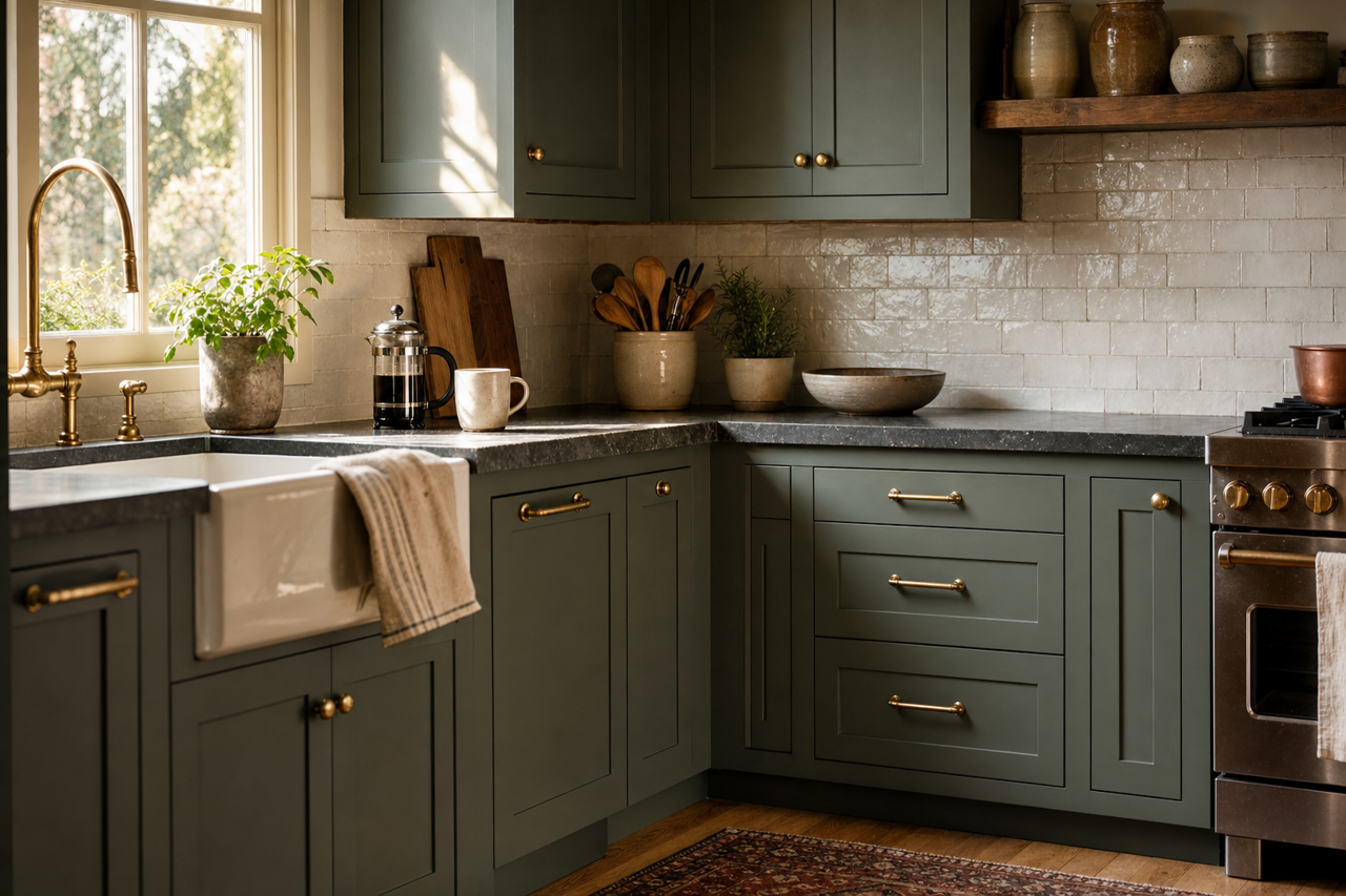 Basil by Sherwin-Williams on cabinets