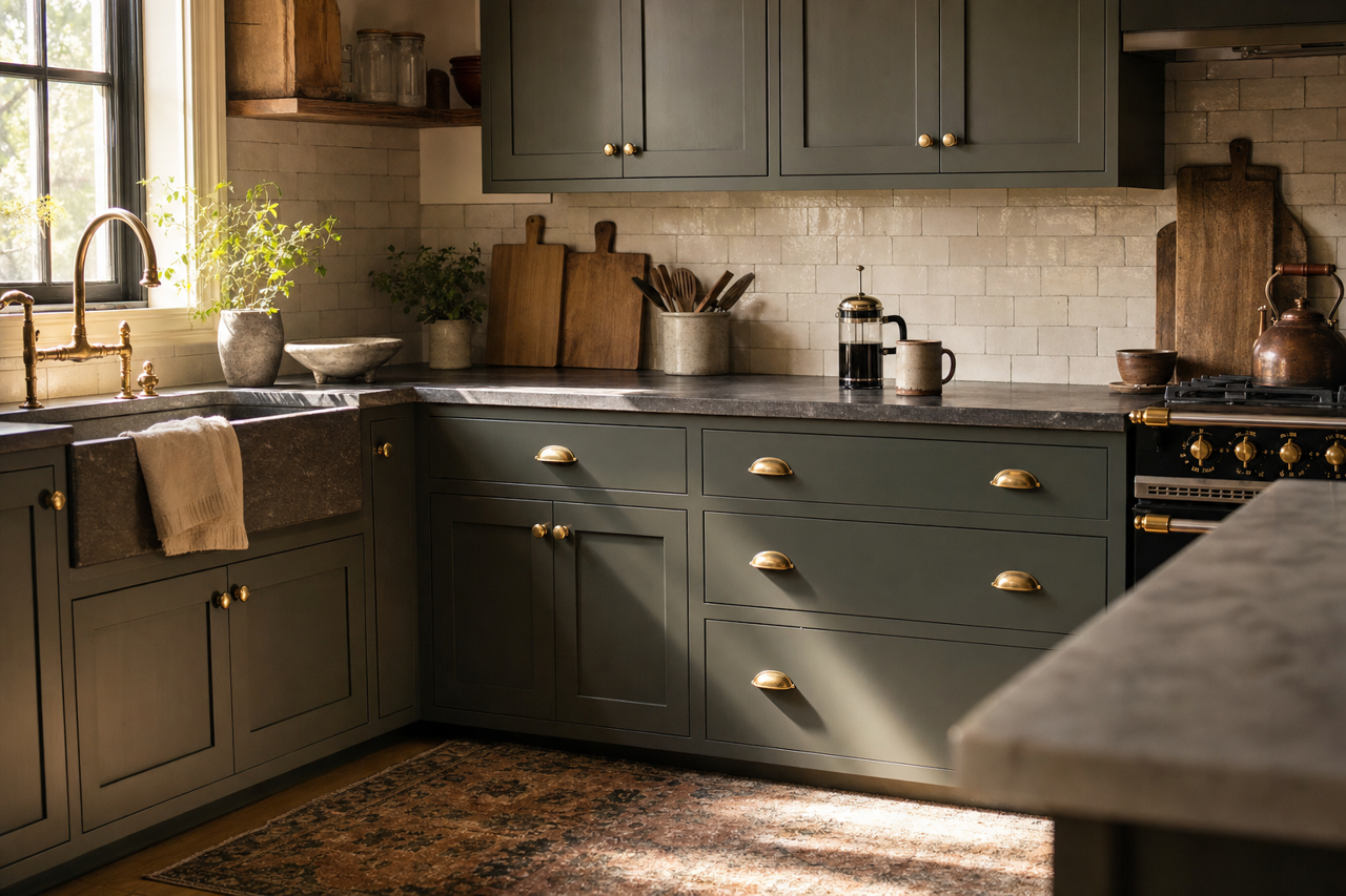 Rock Garden by Sherwin-Williams on cabinets