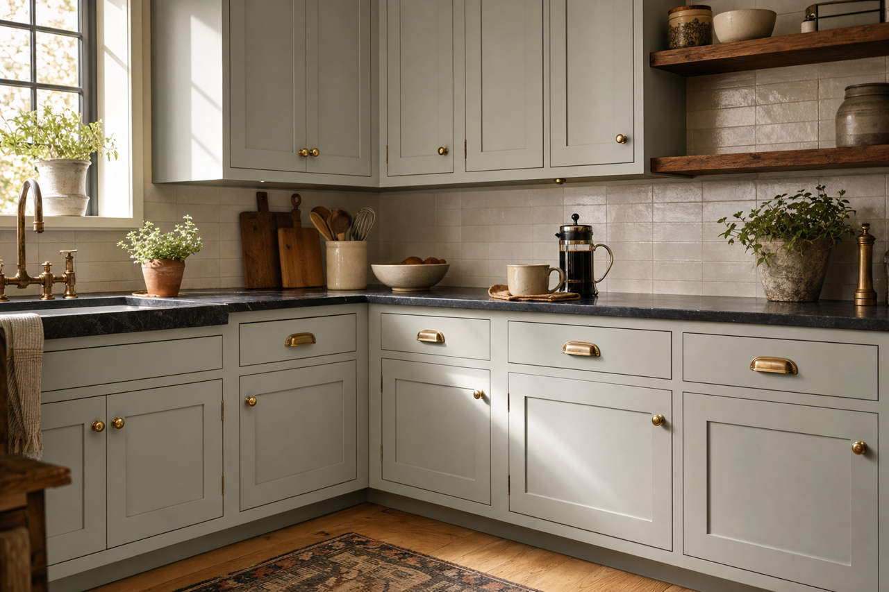 Oyster Bay by Sherwin-Williams on cabinets