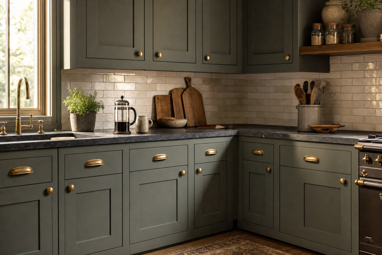 Pewter Green by Sherwin-Williams on cabinets