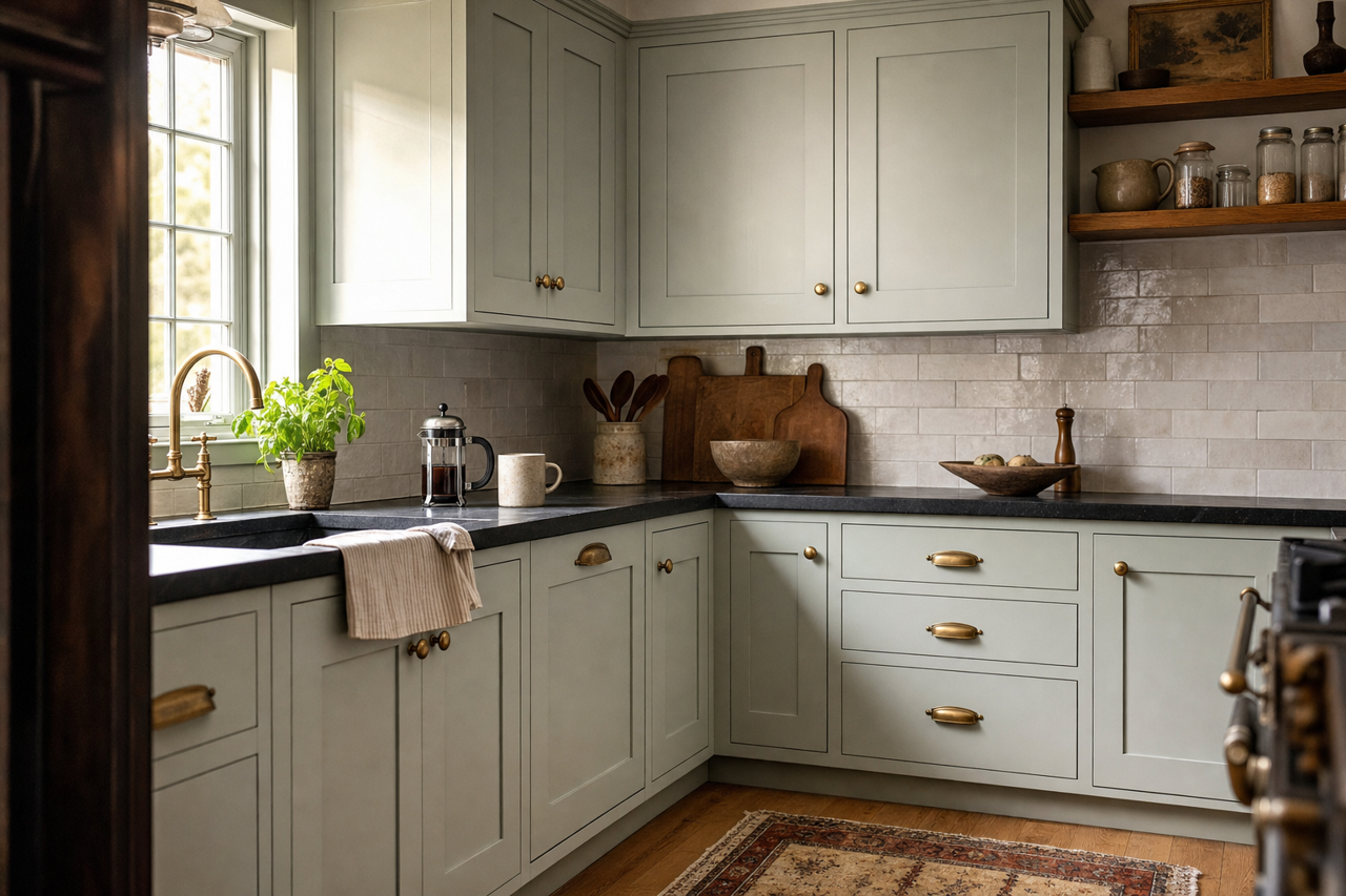 Rainwashed by Sherwin-Williams on cabinets