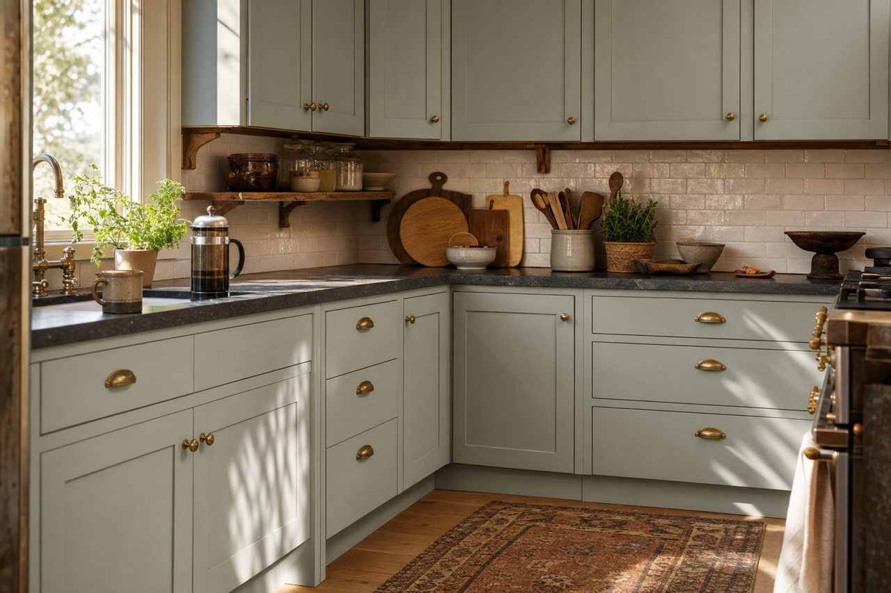 Quietude by Sherwin-Williams on cabinets