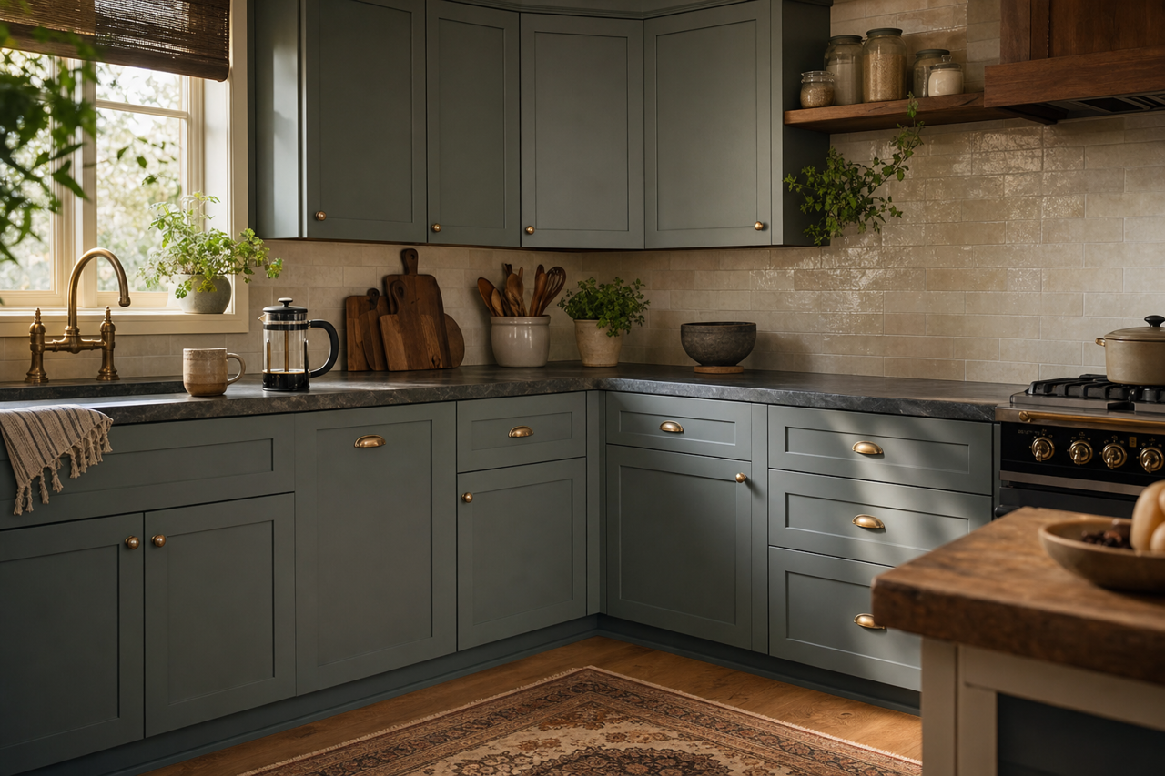 Rocky River by Sherwin-Williams on cabinets