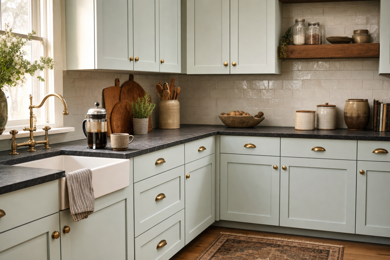 Topsail by Sherwin-Williams on cabinets